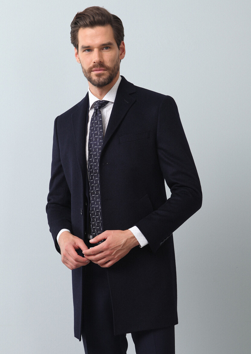 Navy Blue Regular Fit Butterfly Collar Classical Weaving Overcoat - 4