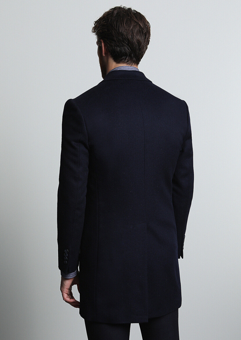 Navy Blue Regular Fit Butterfly Collar Classical Weaving Overcoat - 5