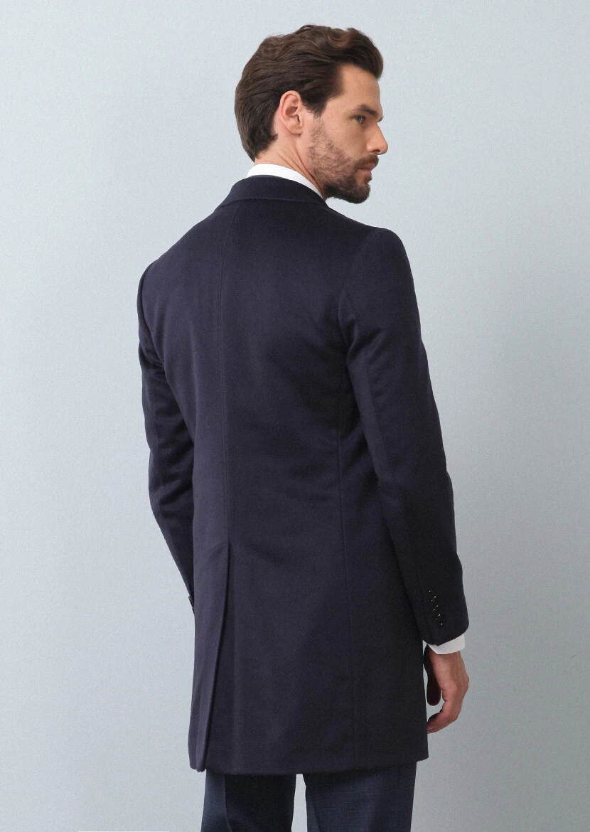 Navy Blue Regular Fit Butterfly Collar Classical Weaving Overcoat - 5