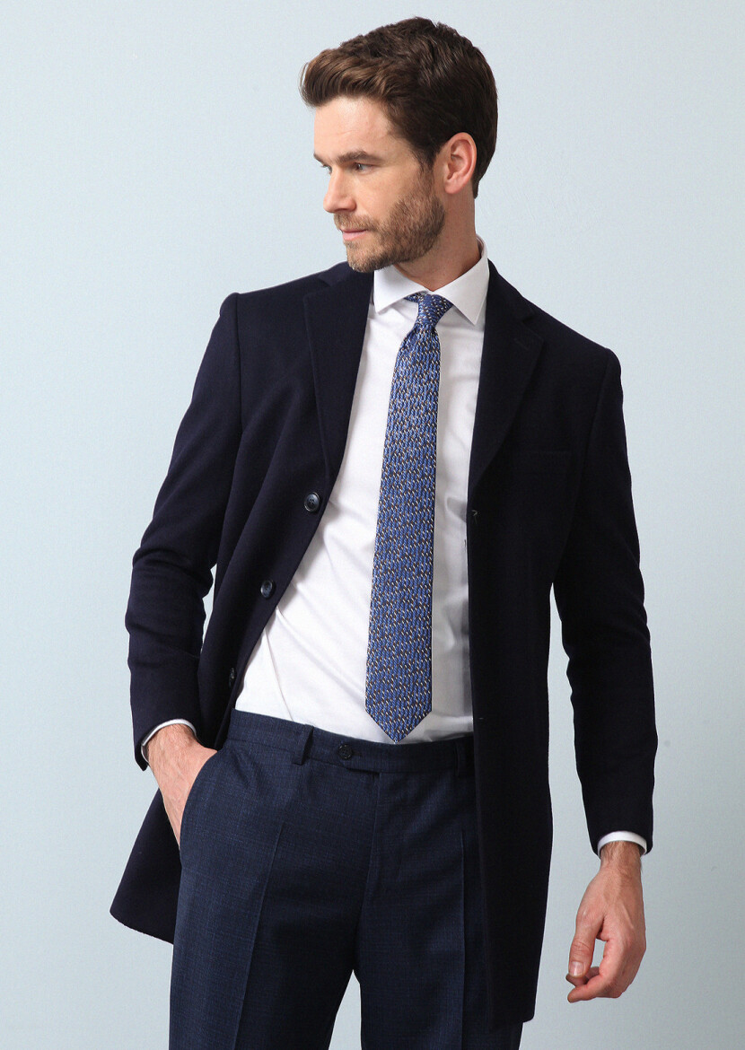 Navy Blue Regular Fit Butterfly Collar Classical Weaving Overcoat 