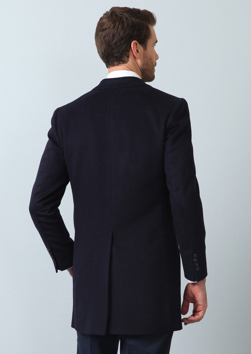 Navy Blue Regular Fit Butterfly Collar Classical Weaving Overcoat - 5