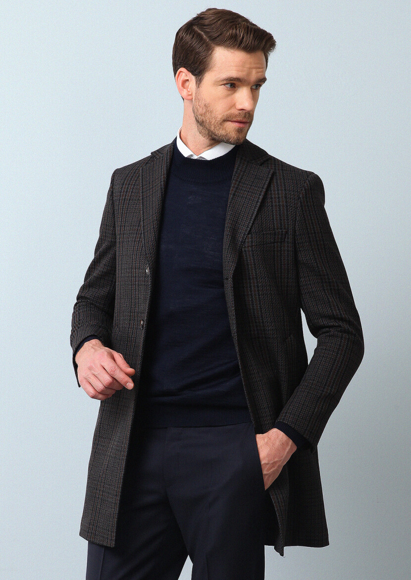 Navy Blue Regular Fit Butterfly Collar Classical Weaving Overcoat - 1