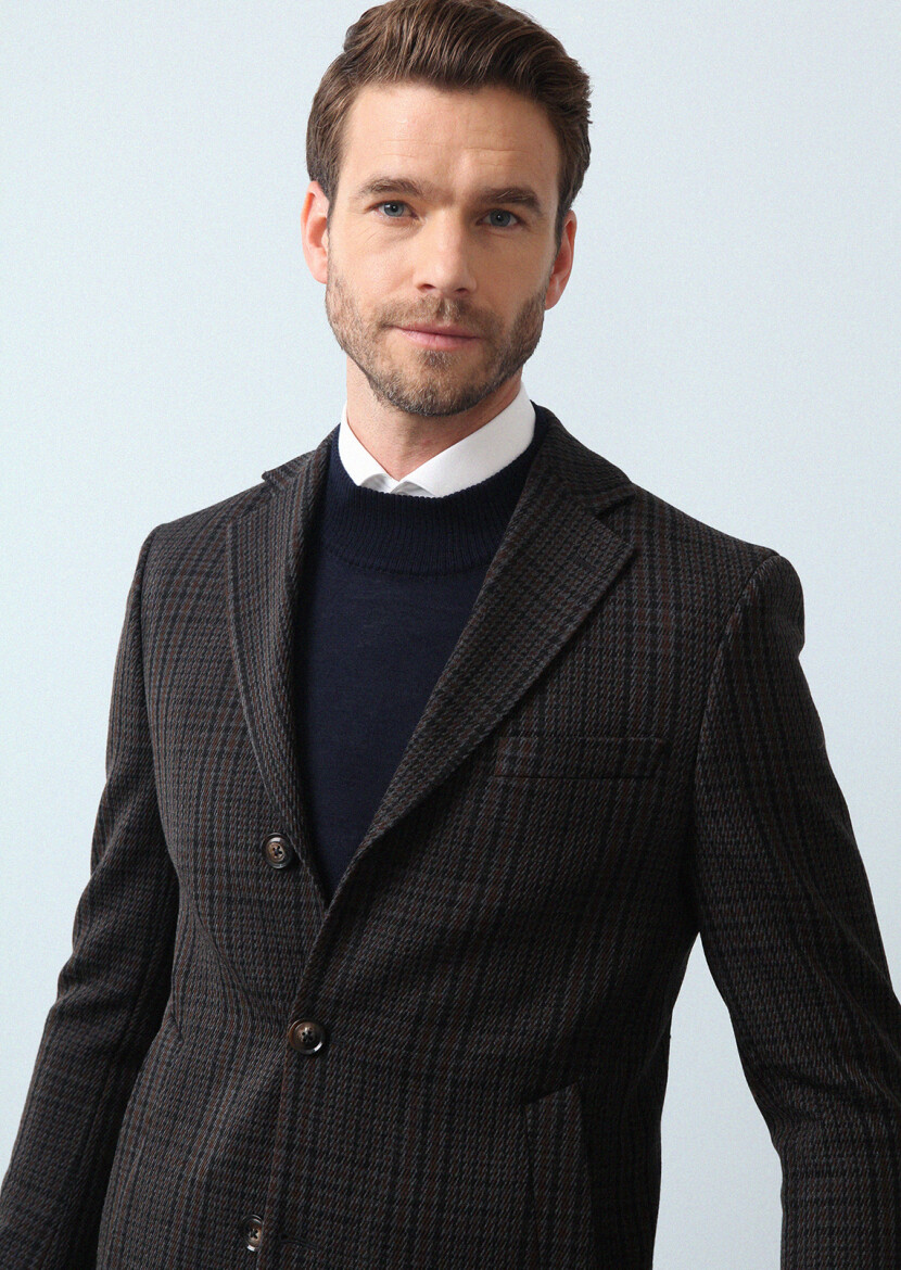 Navy Blue Regular Fit Butterfly Collar Classical Weaving Overcoat - 2