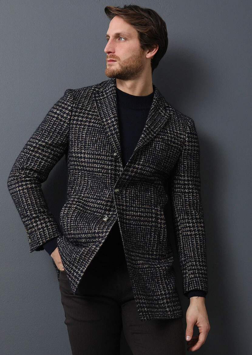 Navy Blue Regular Fit Butterfly Collar Classical Weaving Overcoat - 1