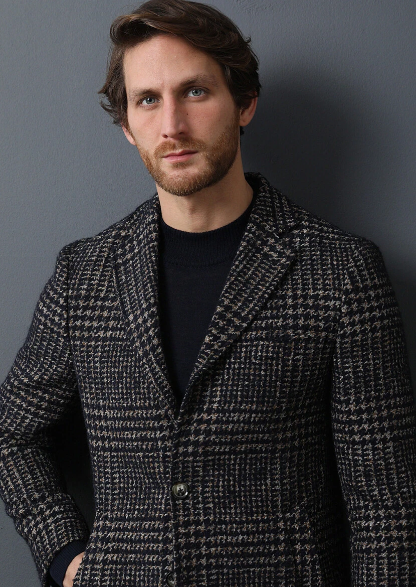 Navy Blue Regular Fit Butterfly Collar Classical Weaving Overcoat - 2