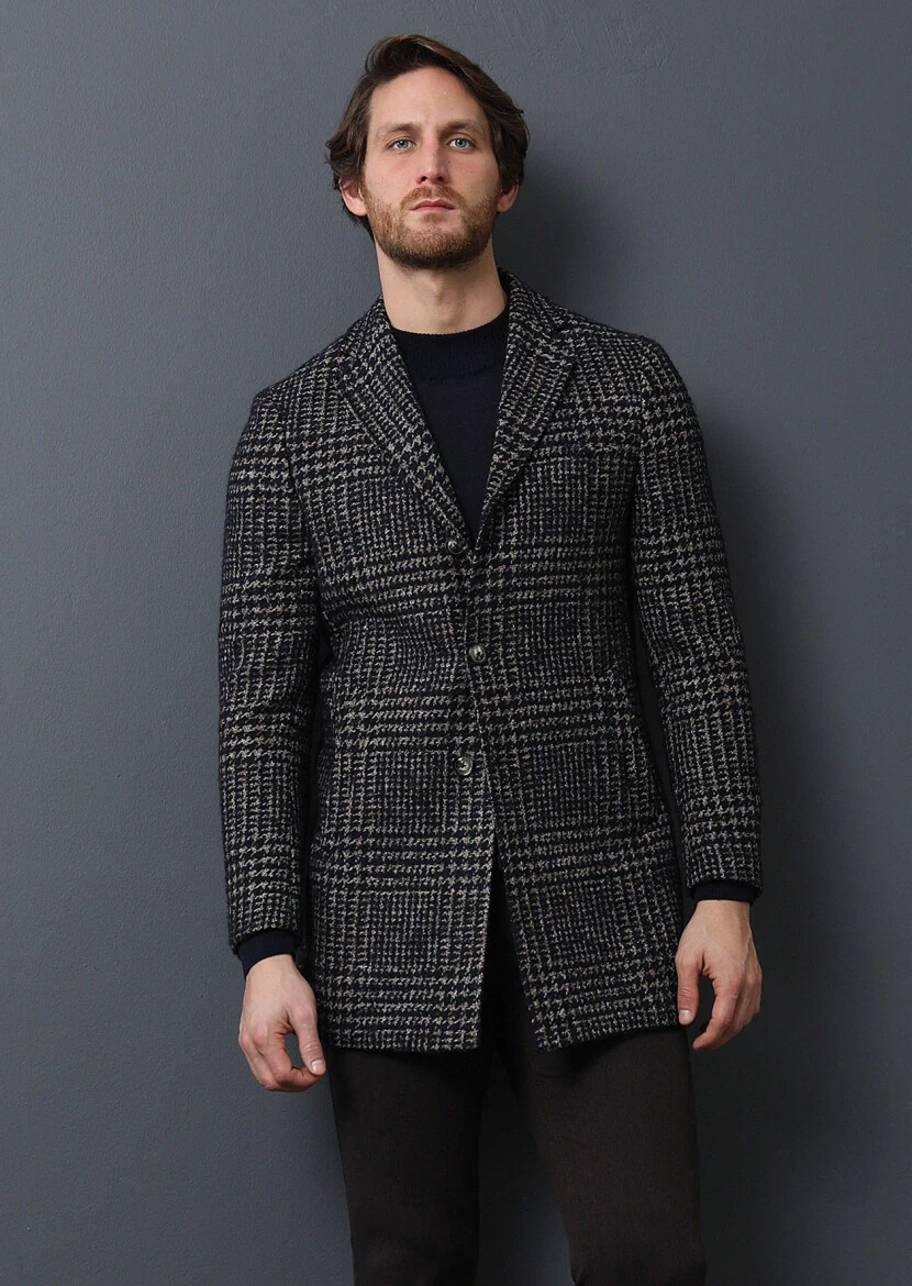 Navy Blue Regular Fit Butterfly Collar Classical Weaving Overcoat - 3