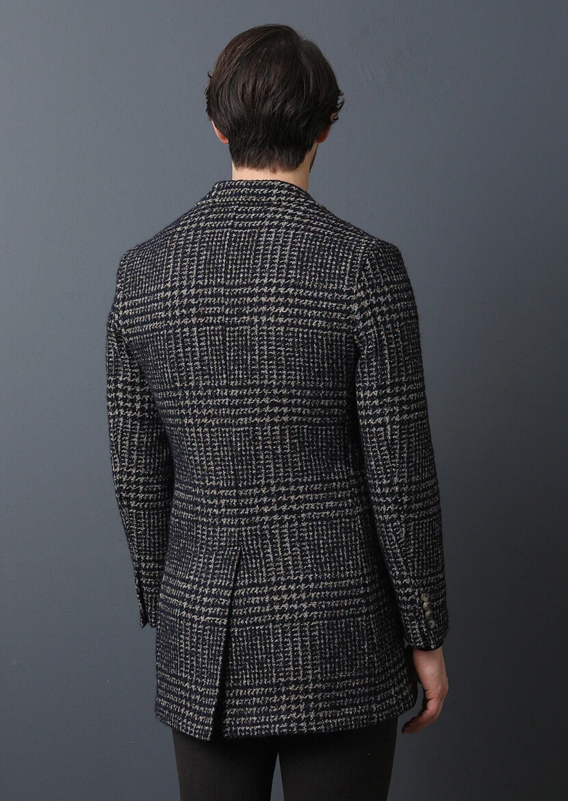 Navy Blue Regular Fit Butterfly Collar Classical Weaving Overcoat - 4