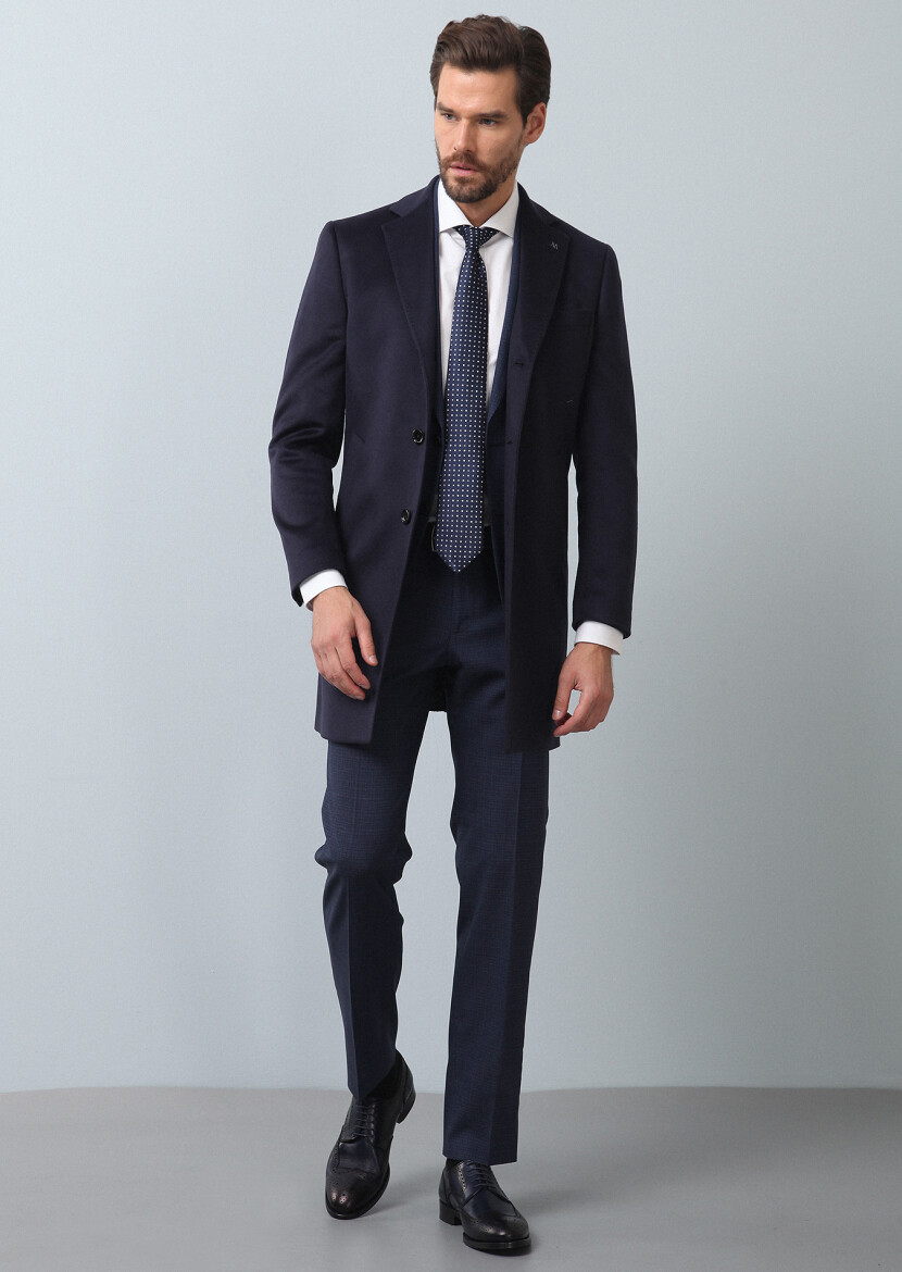 Navy Blue Regular Fit Butterfly Collar Classical Weaving Overcoat 