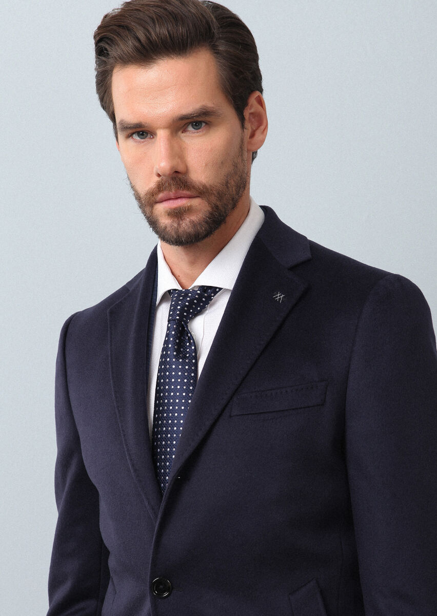 Navy Blue Regular Fit Butterfly Collar Classical Weaving Overcoat - 4