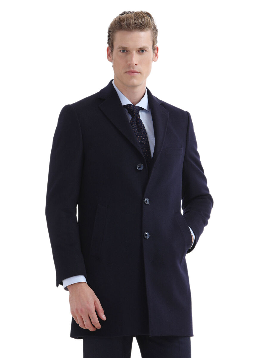 Navy Blue Regular Fit Butterfly Collar Classical Weaving Overcoat - 2
