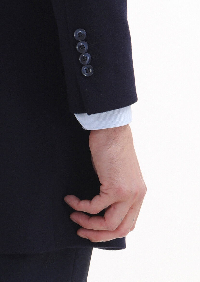 Navy Blue Regular Fit Butterfly Collar Classical Weaving Overcoat - 4