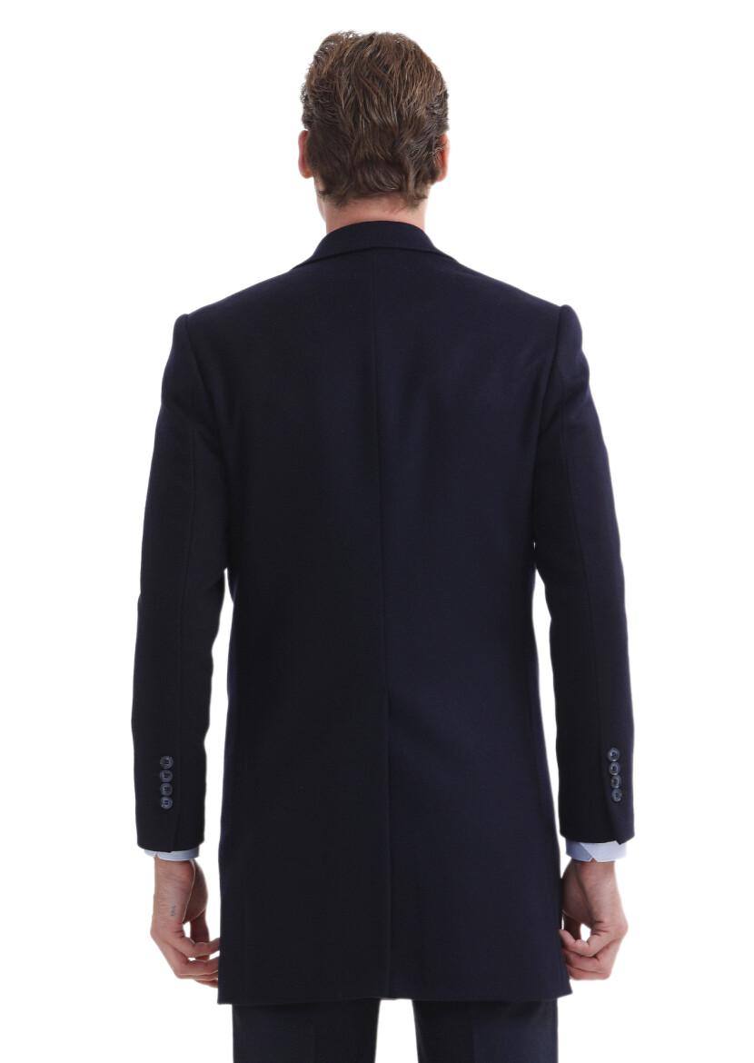 Navy Blue Regular Fit Butterfly Collar Classical Weaving Overcoat - 5