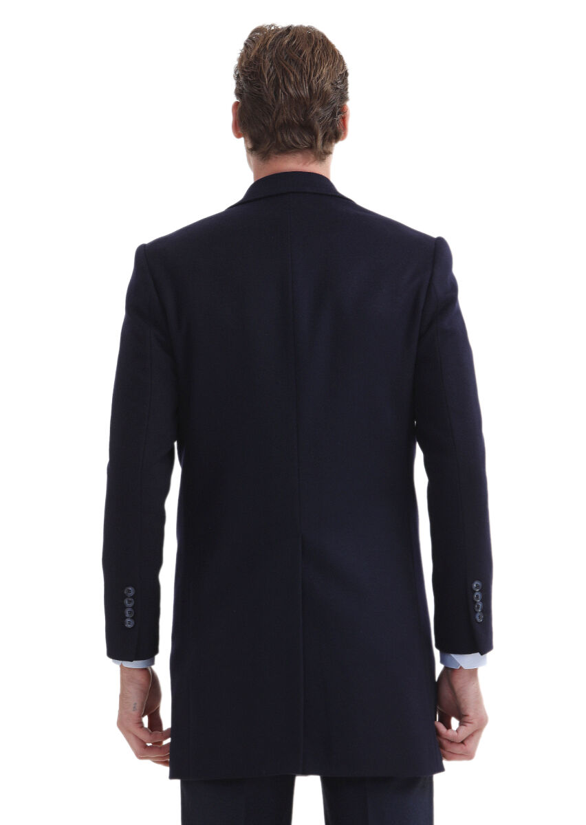 Navy Blue Regular Fit Butterfly Collar Classical Weaving Overcoat - 5