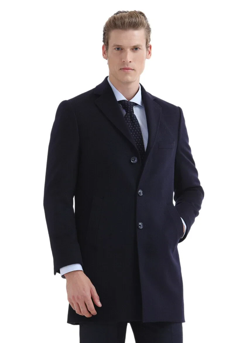 Navy Blue Regular Fit Butterfly Collar Classical Weaving Overcoat 