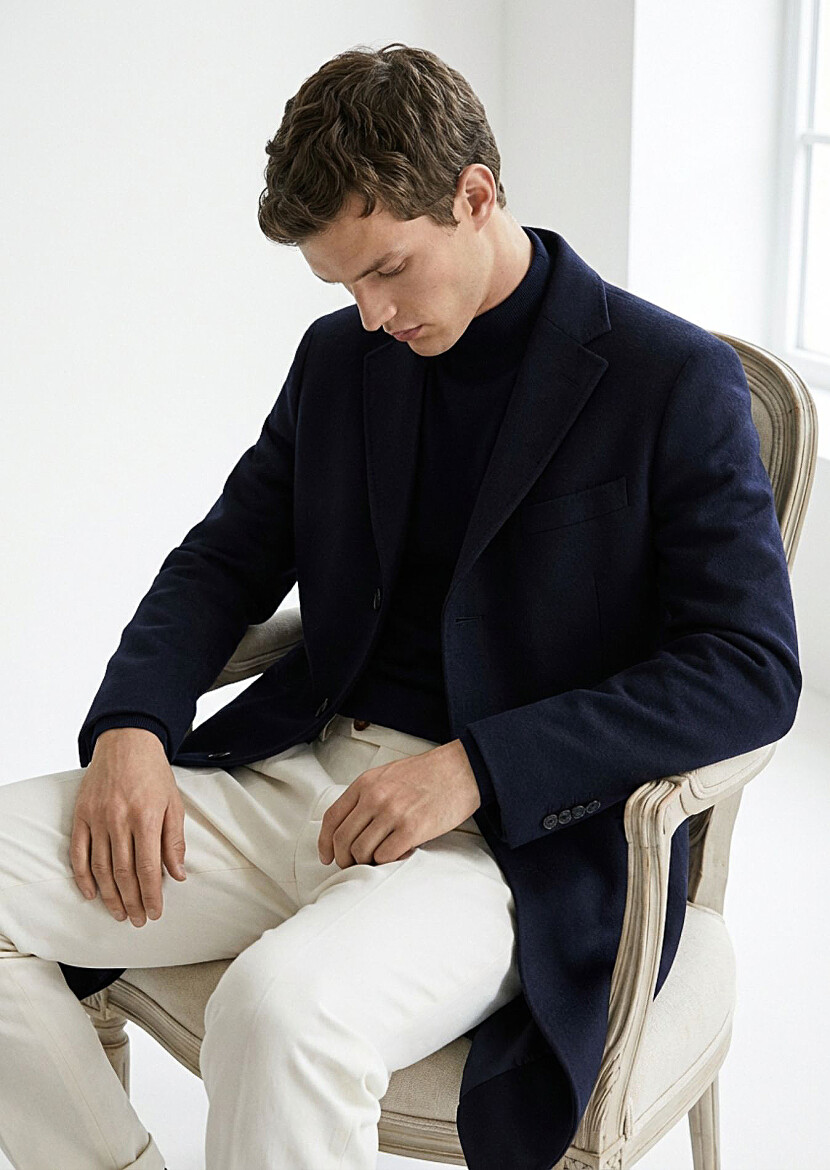 Navy Blue Regular Fit Butterfly Collar Classical Weaving Overcoat 