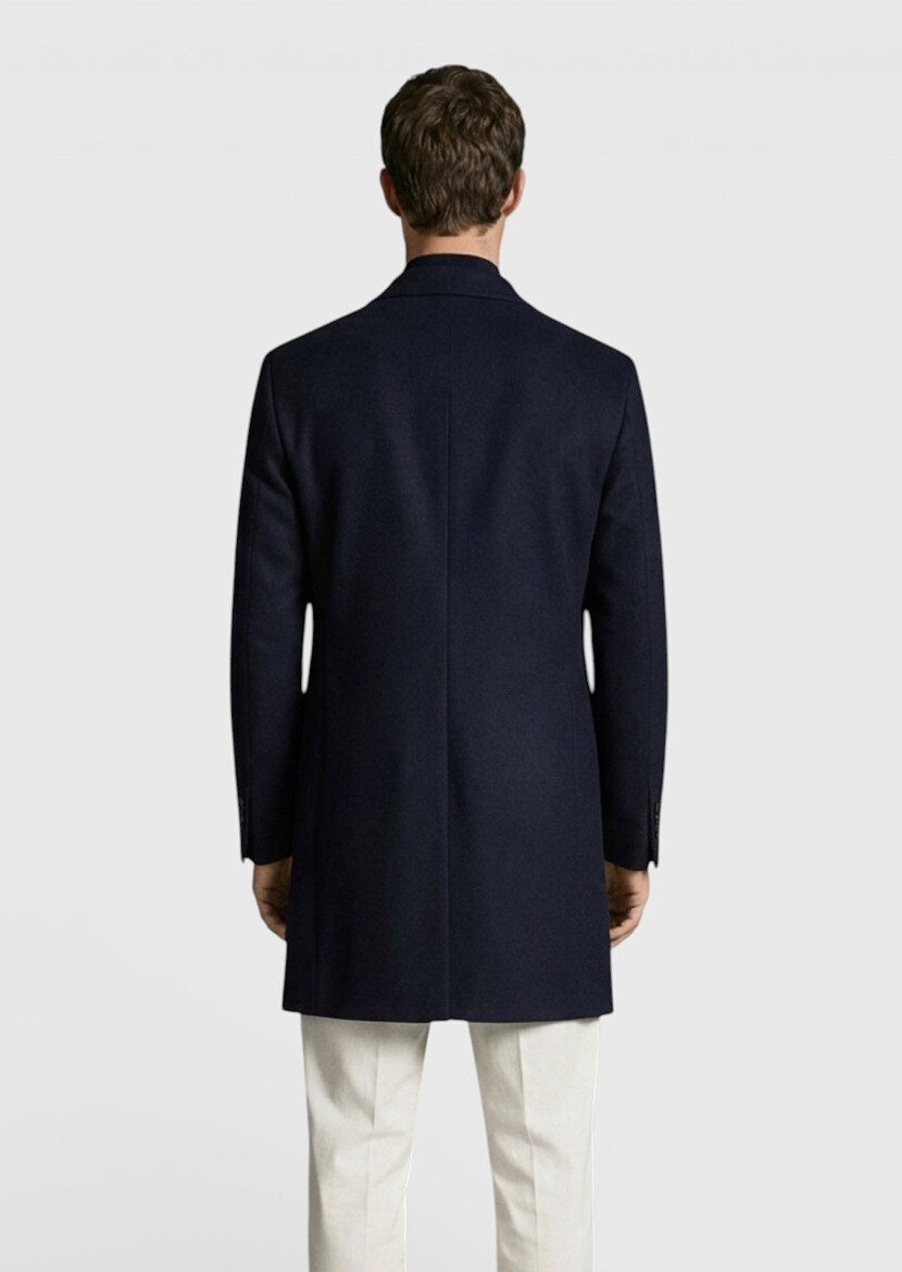 Navy Blue Regular Fit Butterfly Collar Classical Weaving Overcoat - 4