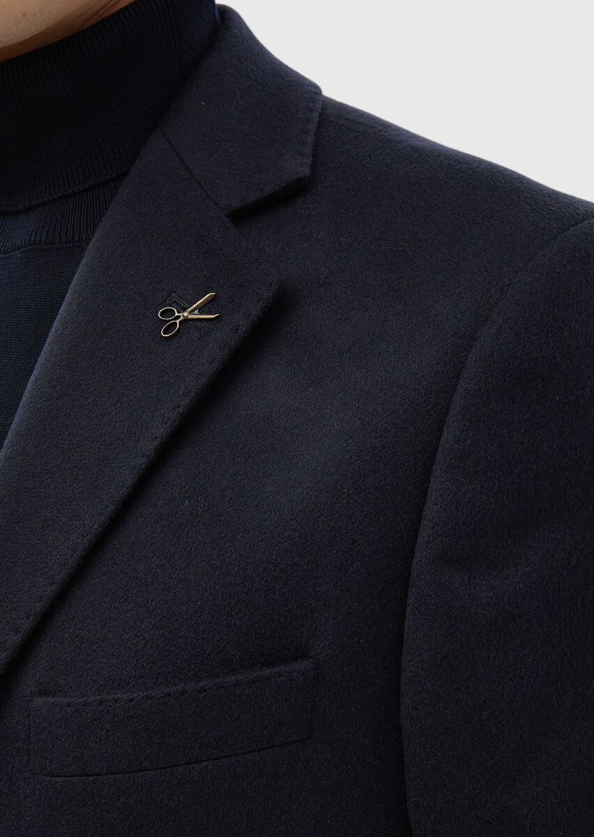 Navy Blue Regular Fit Butterfly Collar Classical Weaving Overcoat - 9