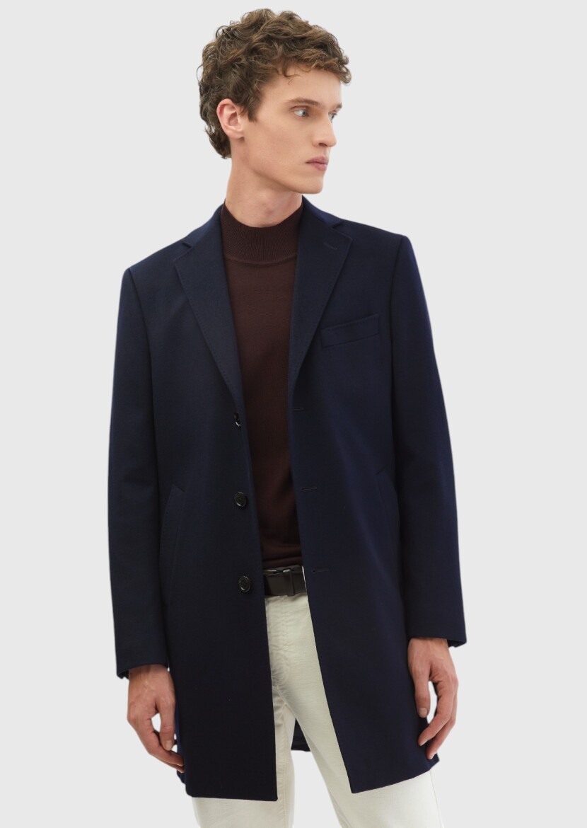 Navy Blue Regular Fit Butterfly Collar Classical Weaving Overcoat - 1