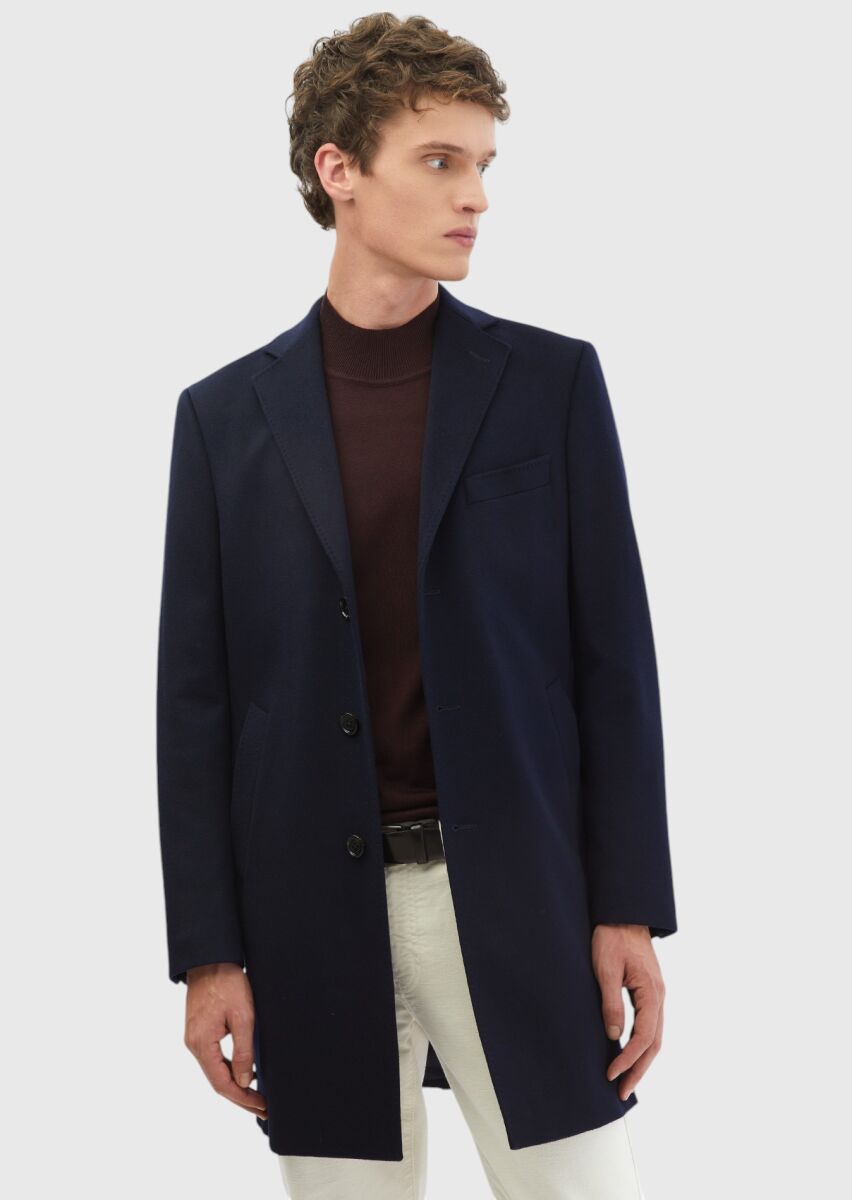 Navy Blue Regular Fit Butterfly Collar Classical Weaving Overcoat - 1