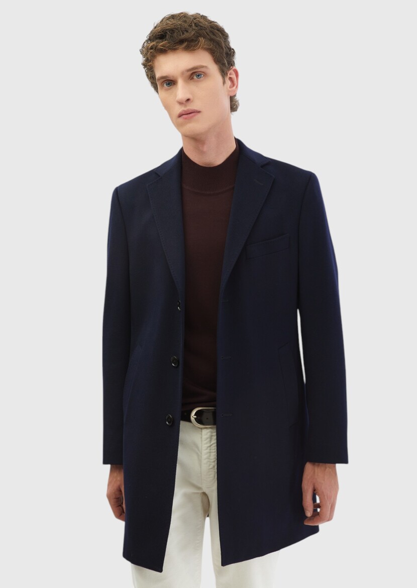Navy Blue Regular Fit Butterfly Collar Classical Weaving Overcoat - 3