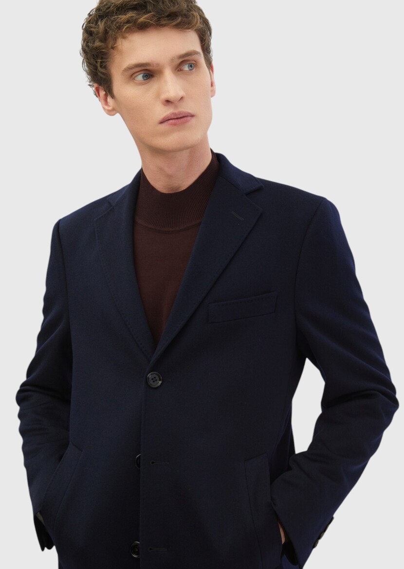 Navy Blue Regular Fit Butterfly Collar Classical Weaving Overcoat - 4