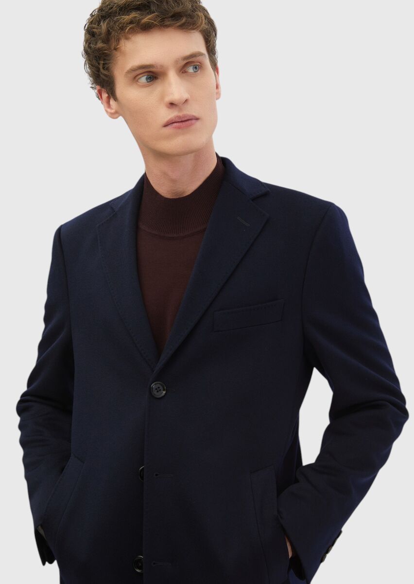 Navy Blue Regular Fit Butterfly Collar Classical Weaving Overcoat - 4