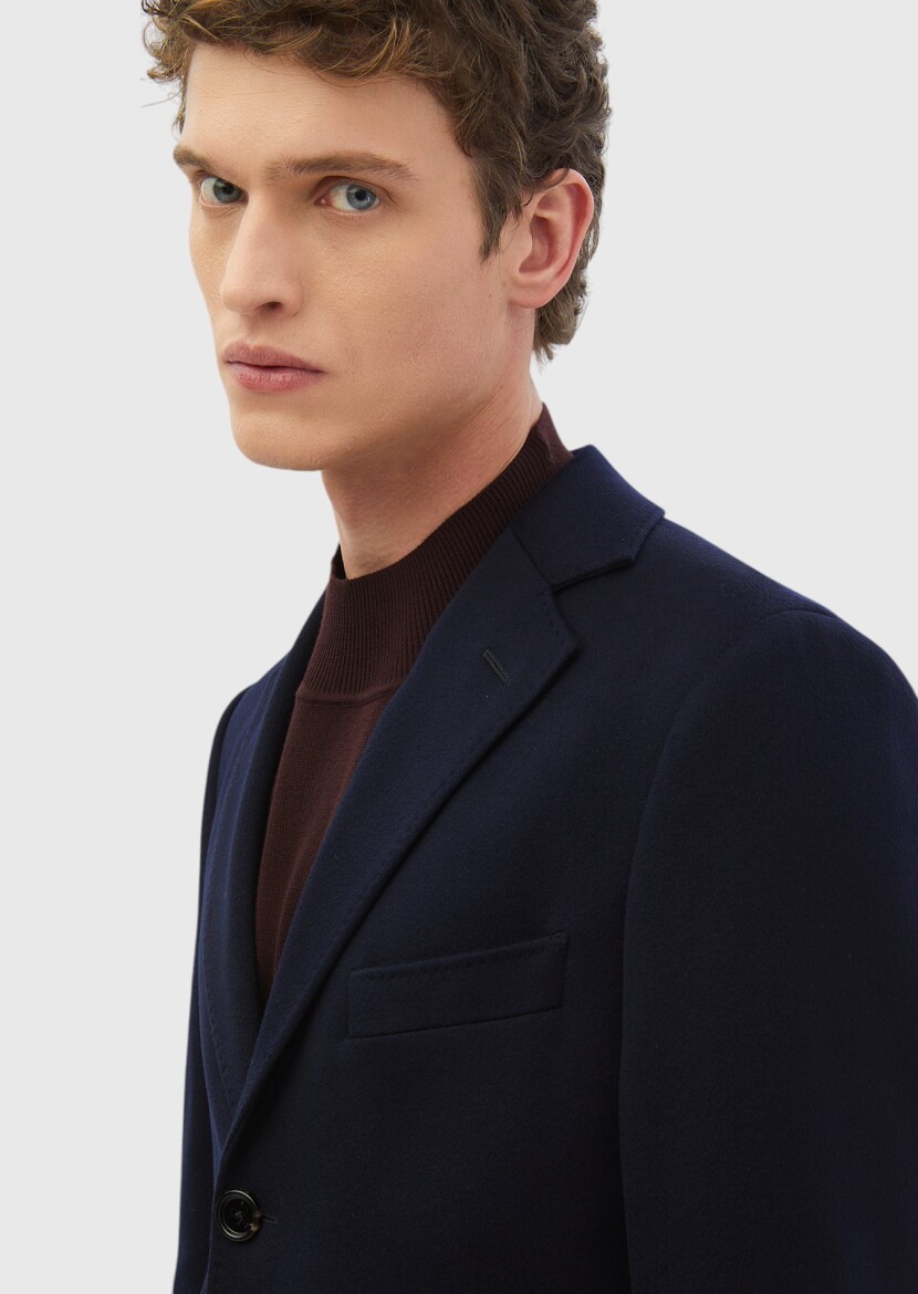 Navy Blue Regular Fit Butterfly Collar Classical Weaving Overcoat - 5