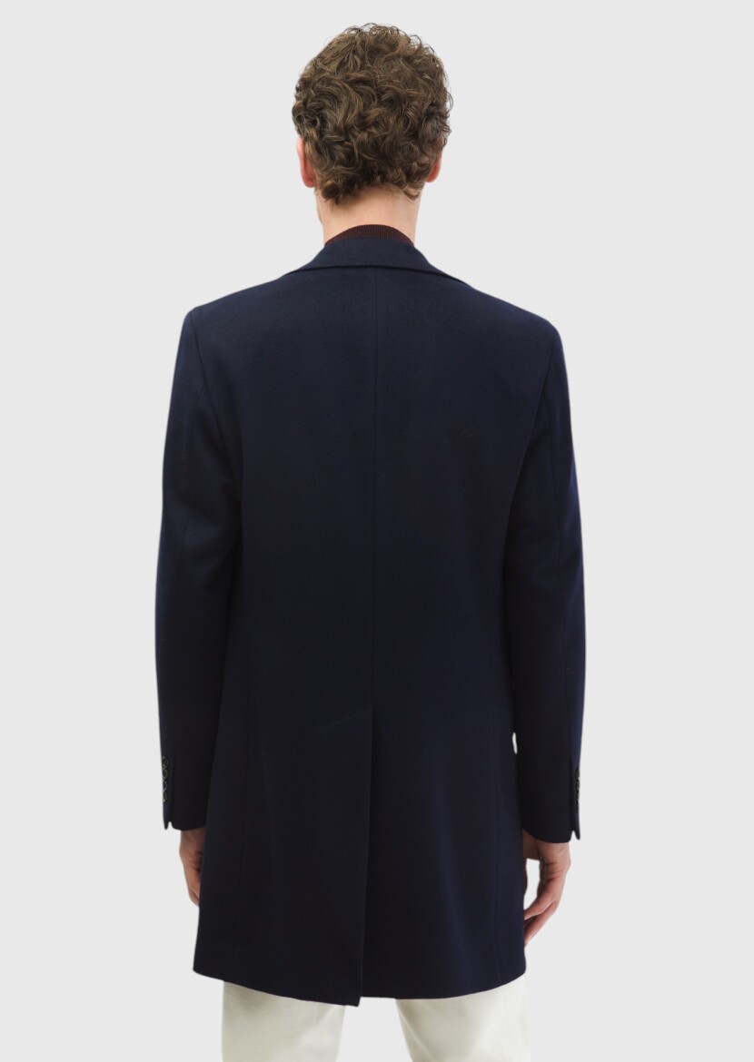 Navy Blue Regular Fit Butterfly Collar Classical Weaving Overcoat - 6