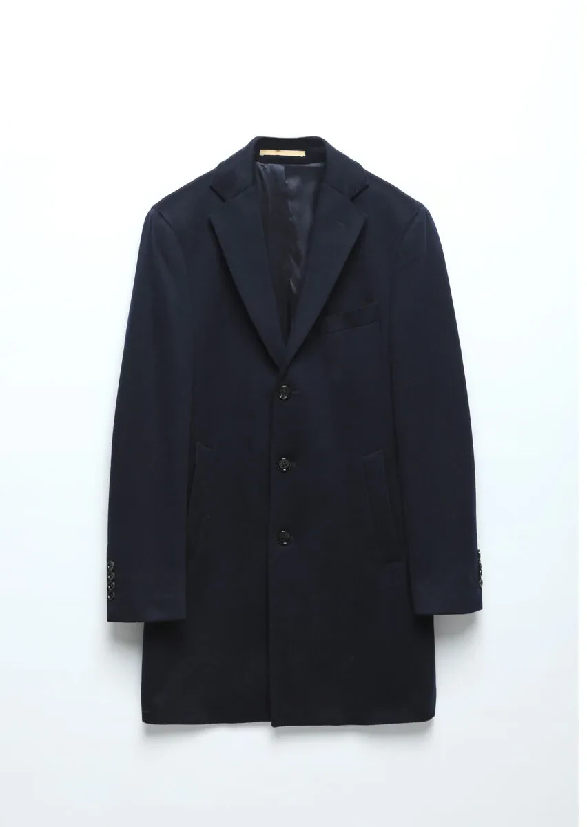 Navy Blue Regular Fit Butterfly Collar Classical Weaving Overcoat - 7