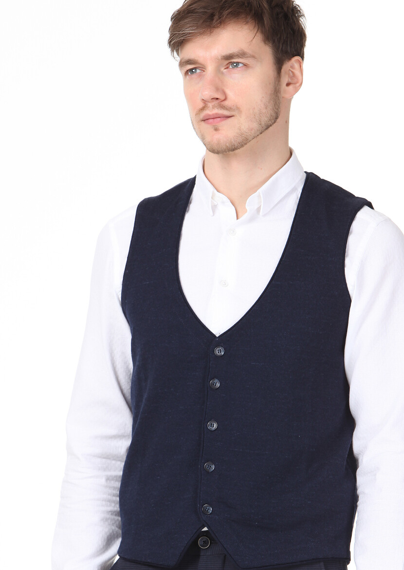 Navy Blue Regular Fit Casual Knitting Knit Vest - 2