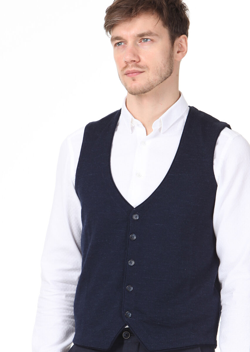 Navy Blue Regular Fit Casual Knitting Knit Vest - 2