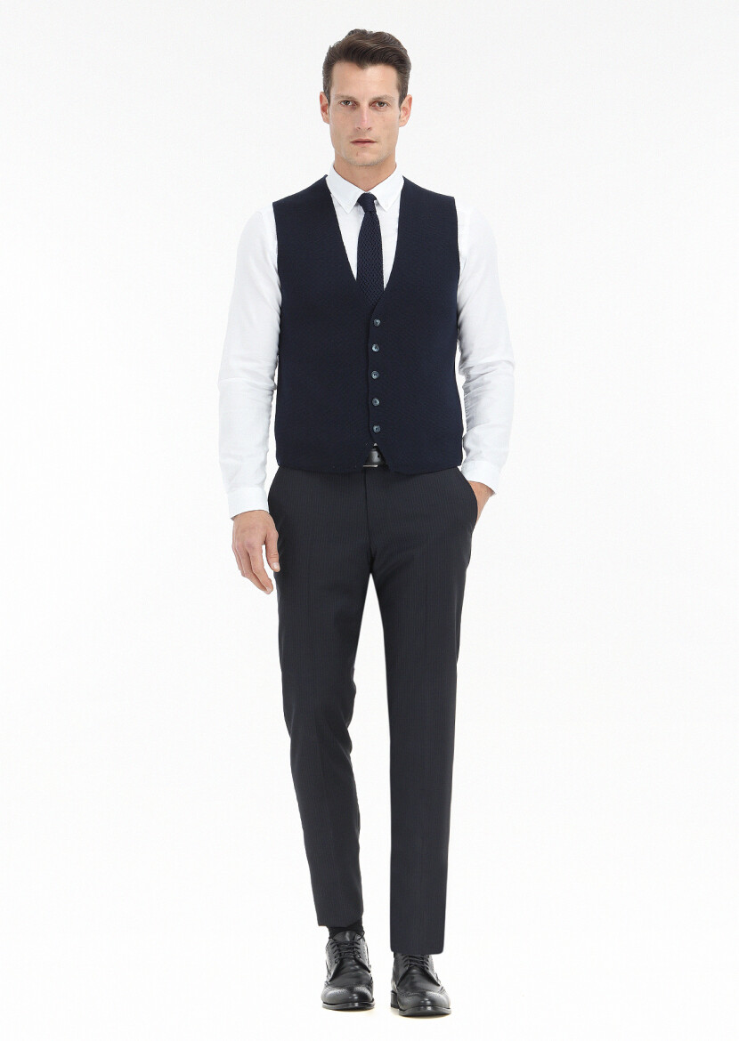 Navy Blue Regular Fit Casual Knitting Knit Vest - 1