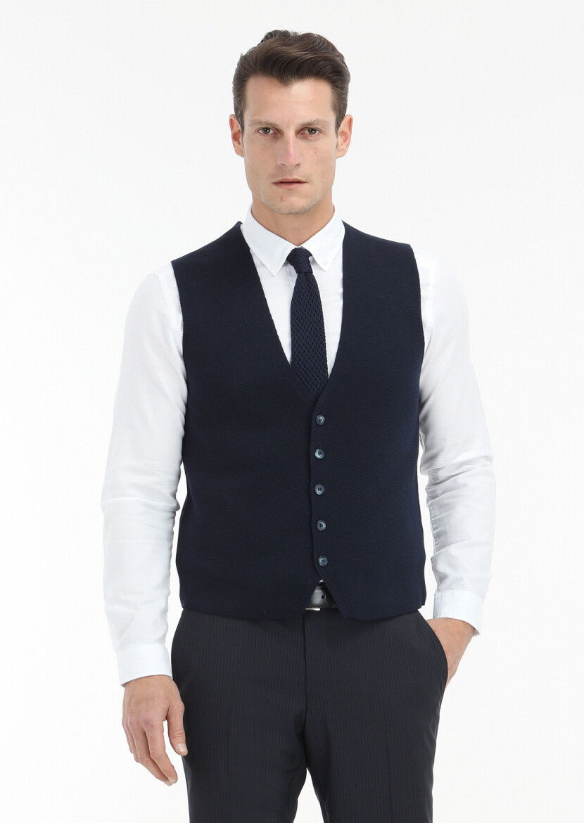 Navy Blue Regular Fit Casual Knitting Knit Vest 