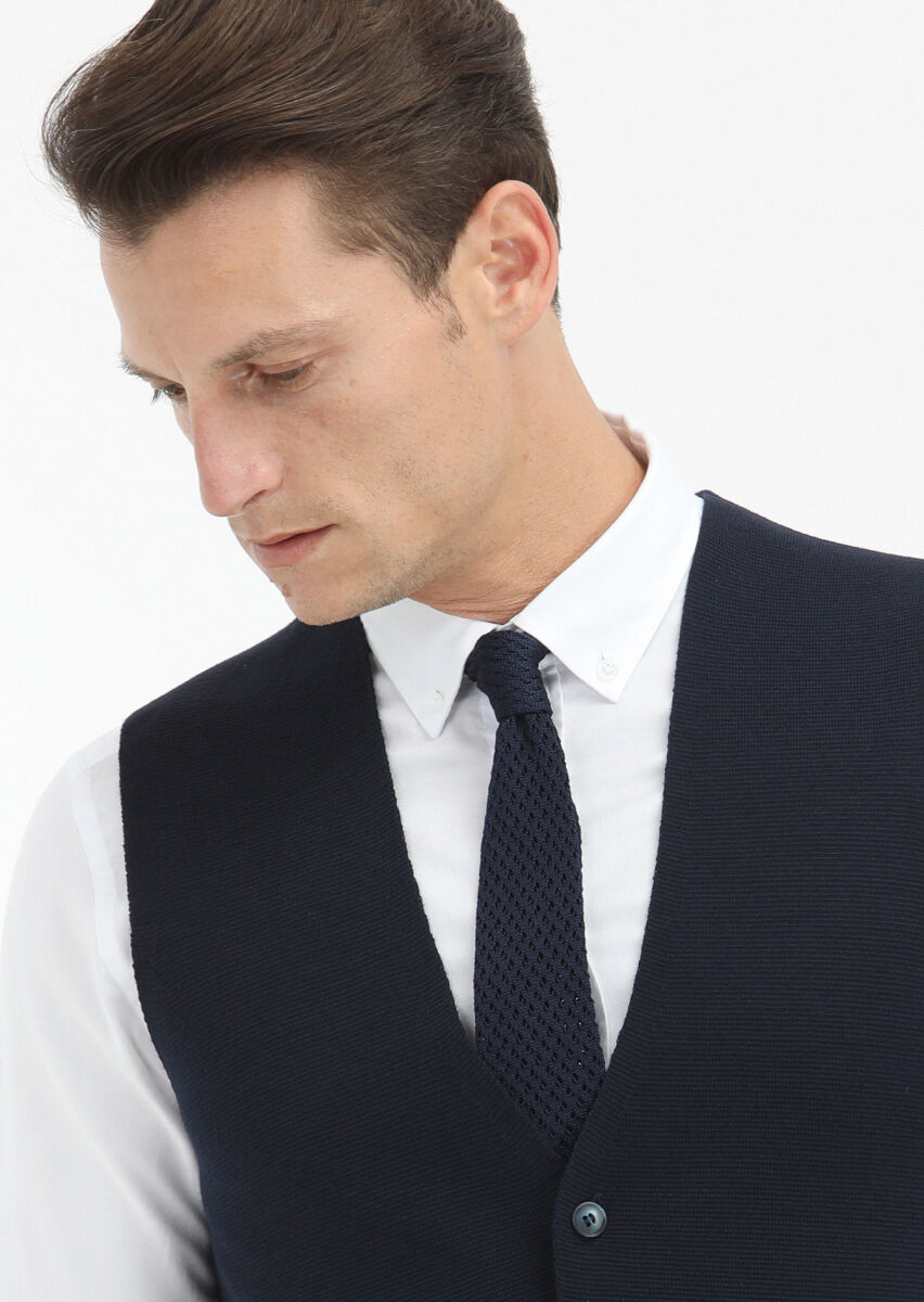 Navy Blue Regular Fit Casual Knitting Knit Vest - 3