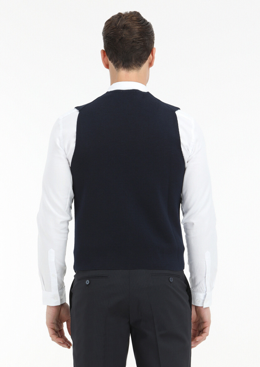 Navy Blue Regular Fit Casual Knitting Knit Vest - 4