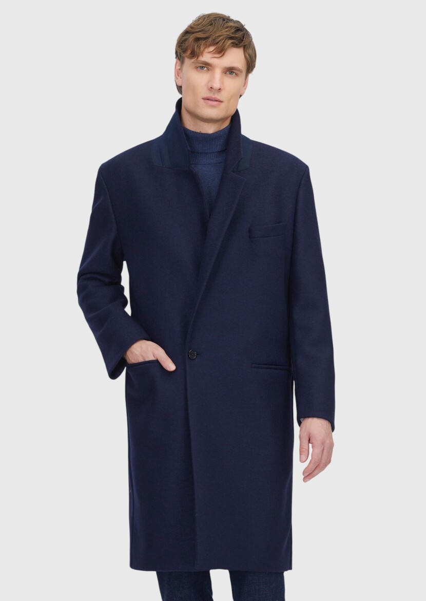 Navy Blue Regular Fit Casual Knitting Overcoat - 3