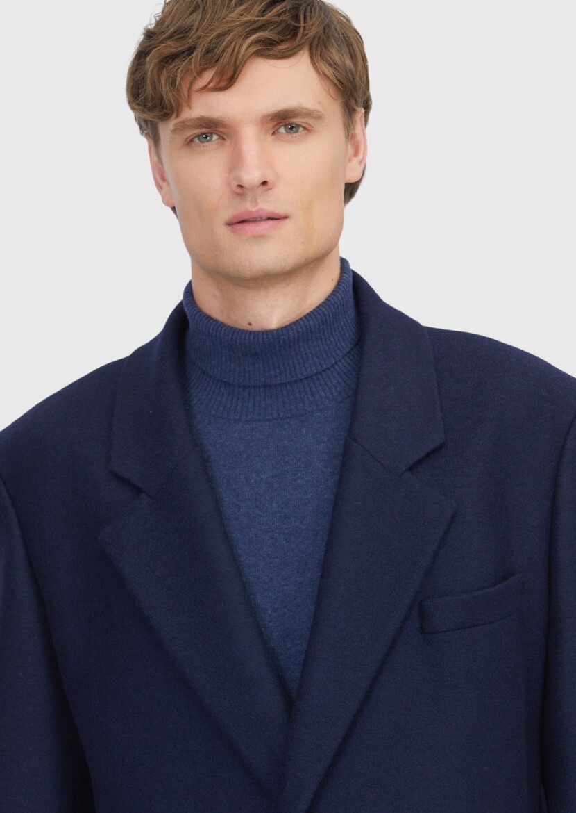 Navy Blue Regular Fit Casual Knitting Overcoat - 5