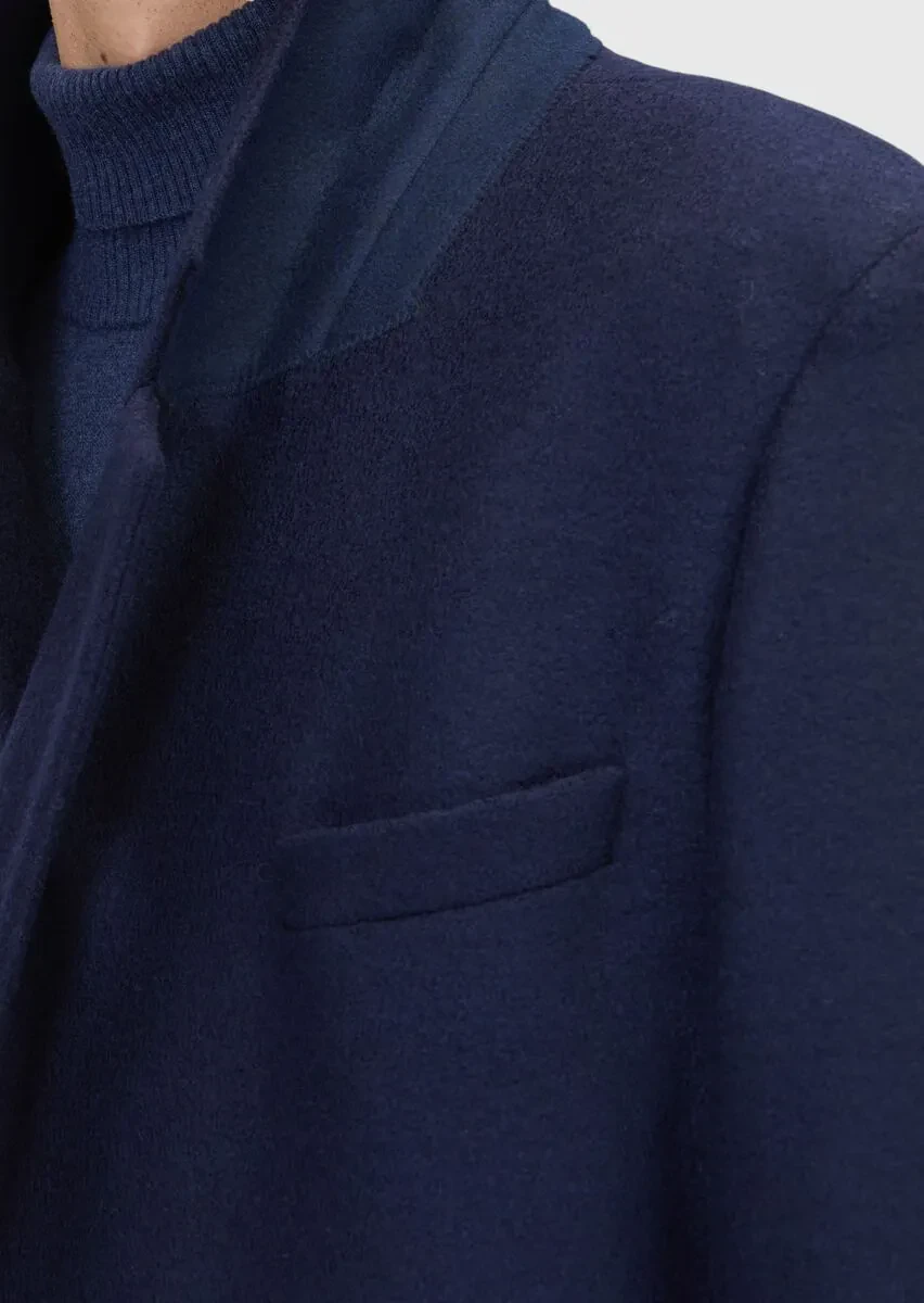Navy Blue Regular Fit Casual Knitting Overcoat - 7