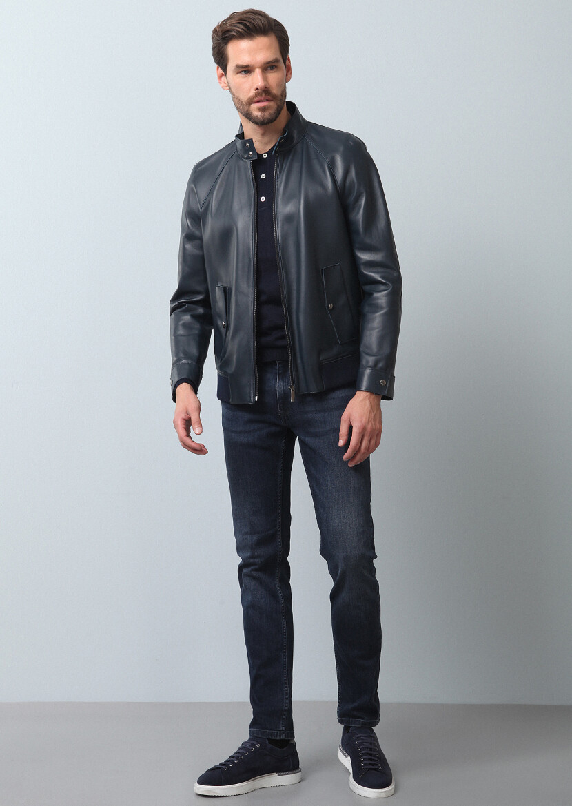 Navy Blue Regular Fit Casual Leather Leather Coat - 2