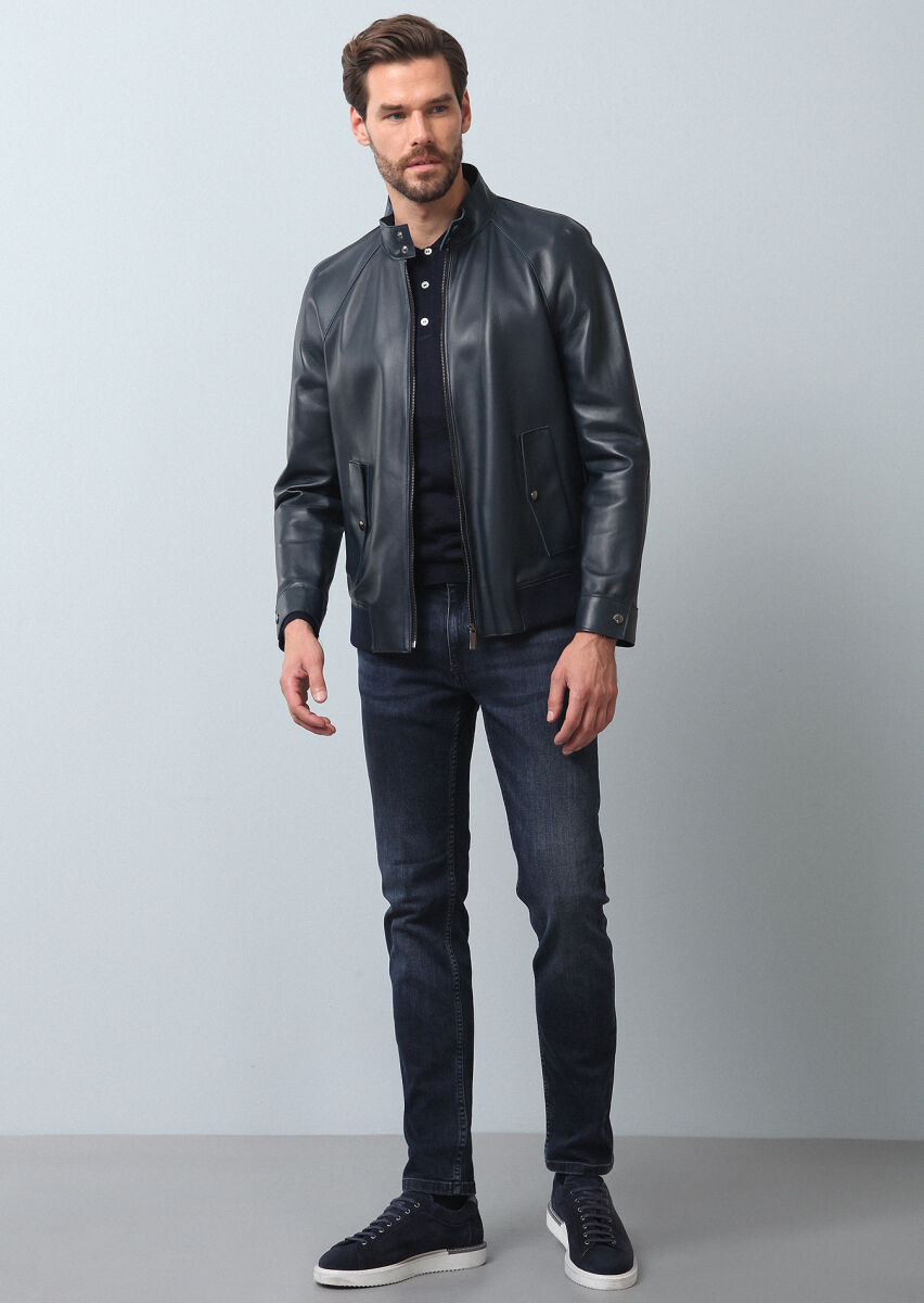 Navy Blue Regular Fit Casual Leather Leather Coat - 2