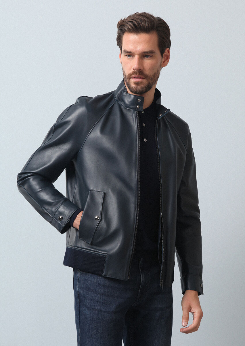 Navy Blue Regular Fit Casual Leather Leather Coat - 3