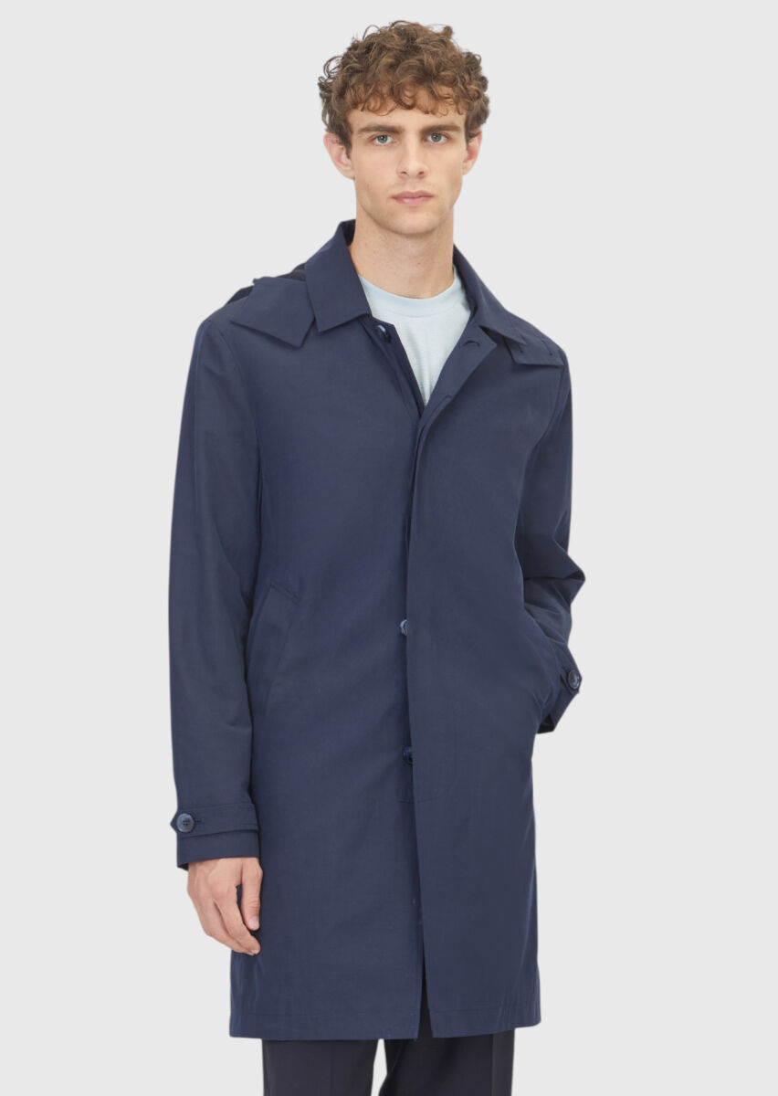 Navy Blue Regular Fit Casual Technical Removable Hood Rain Coat - 1