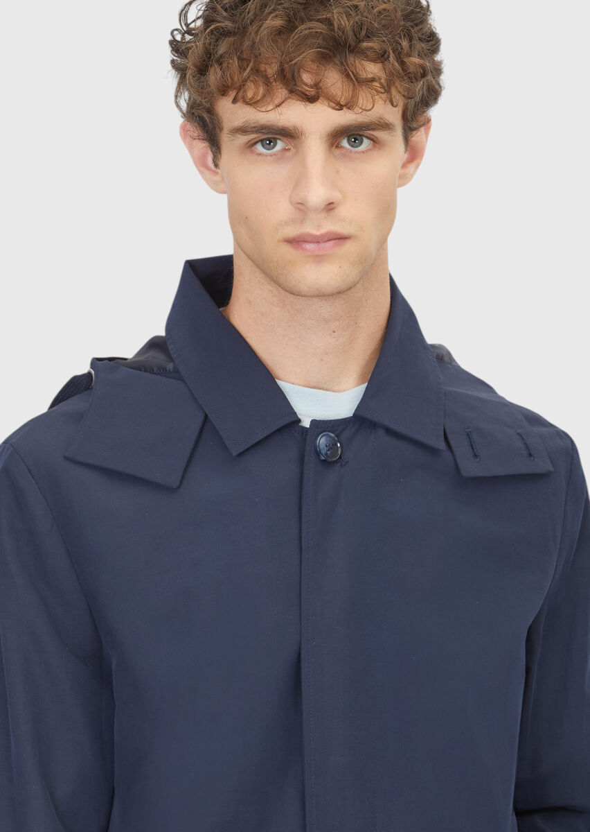 Navy Blue Regular Fit Casual Technical Removable Hood Rain Coat - 4