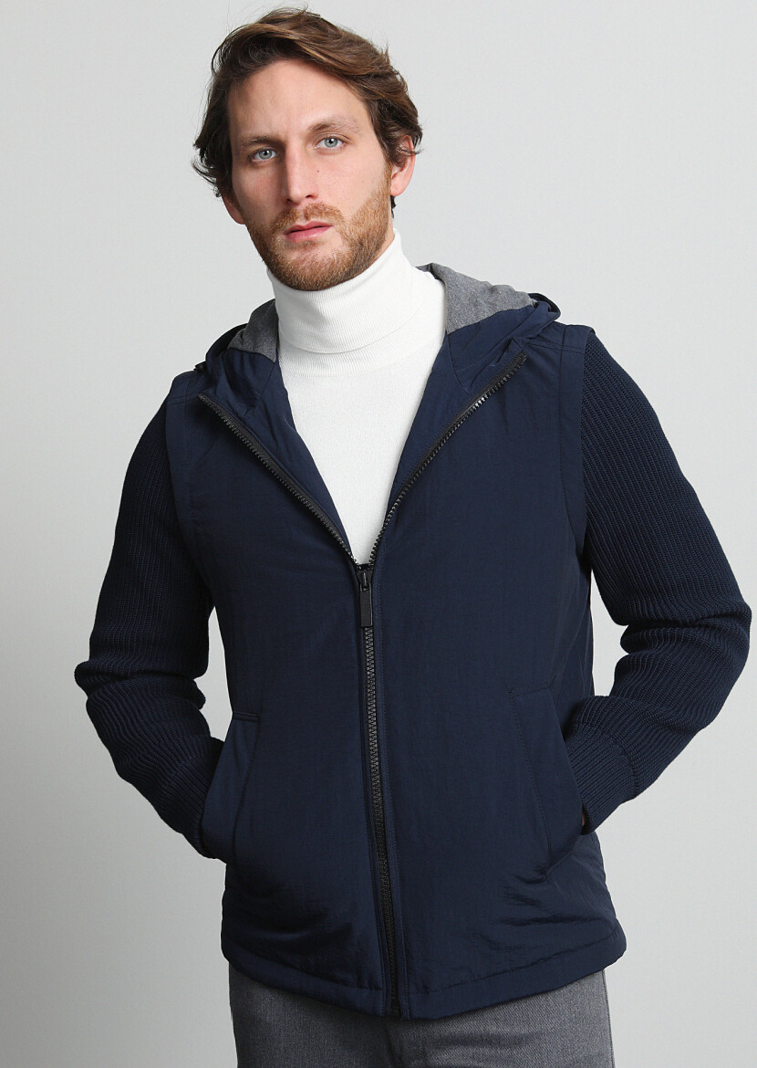 Navy Blue Regular Fit Casual Weaving Coat - 1
