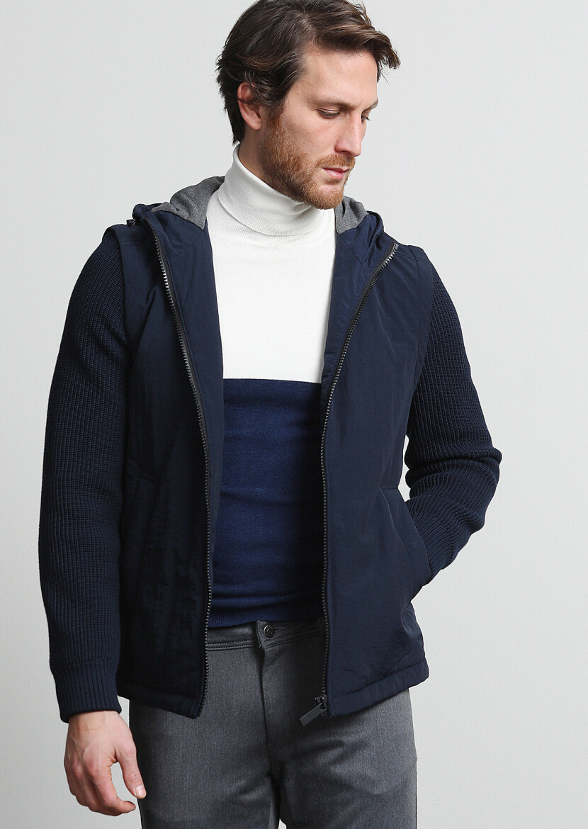 Navy Blue Regular Fit Casual Weaving Coat - 3