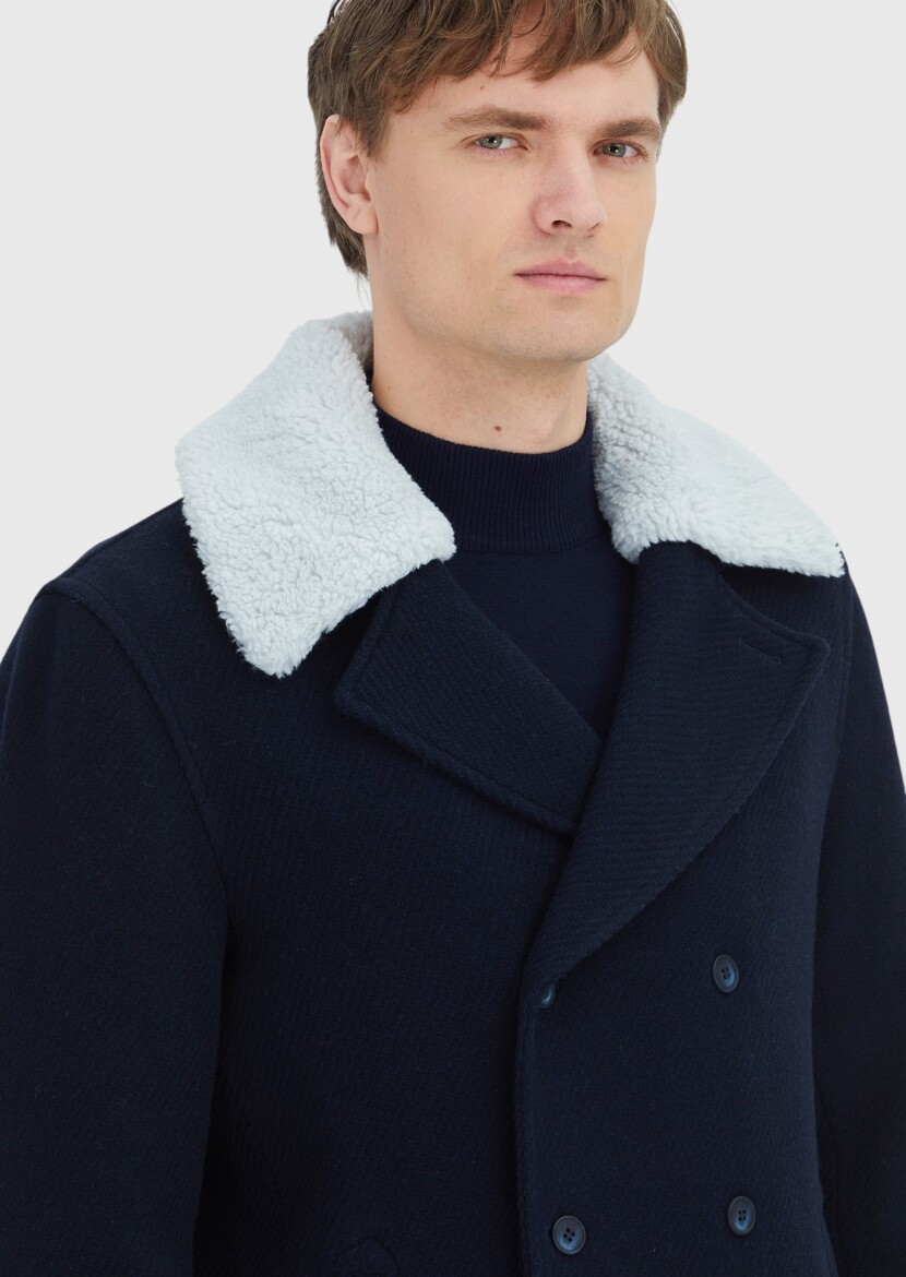 Navy Blue Regular Fit Casual Weaving Coat - 3