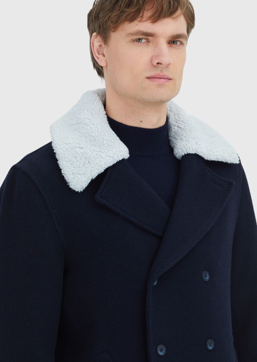 Navy Blue Regular Fit Casual Weaving Coat - 3