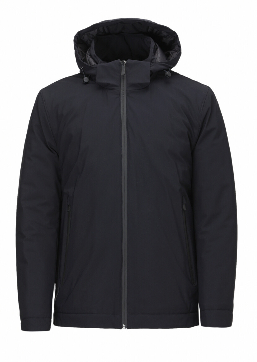 Navy Blue Regular Fit Casual Weaving Removable Hood Coat - 1