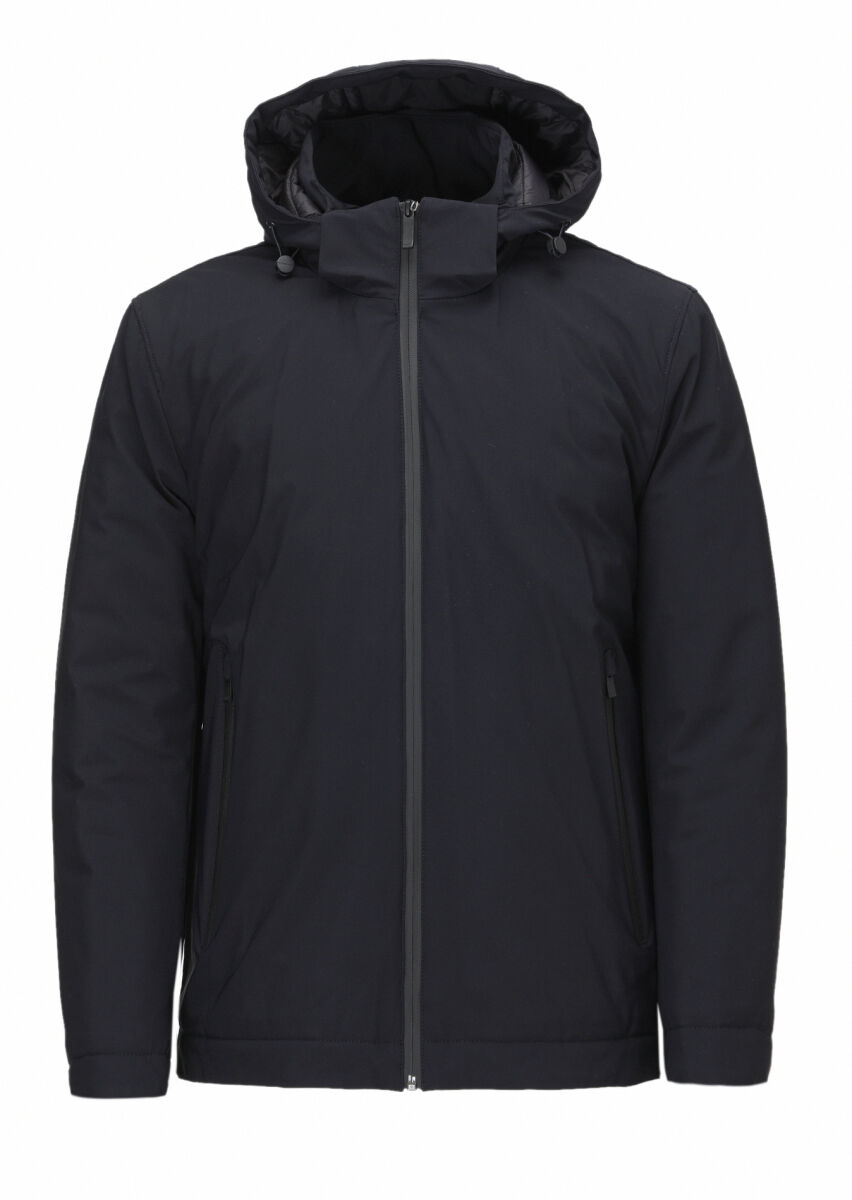 Navy Blue Regular Fit Casual Weaving Removable Hood Coat - 1