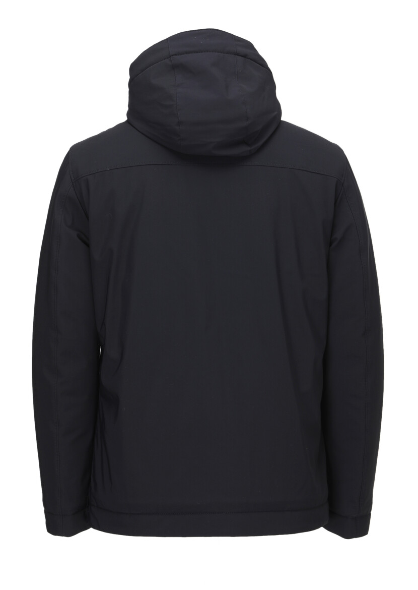 Navy Blue Regular Fit Casual Weaving Removable Hood Coat 